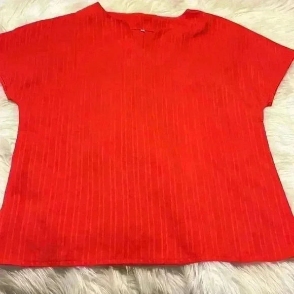 Tops - Women’s Red Pinstripe Linen V-Neck Size Large Short Sleeve Blouse